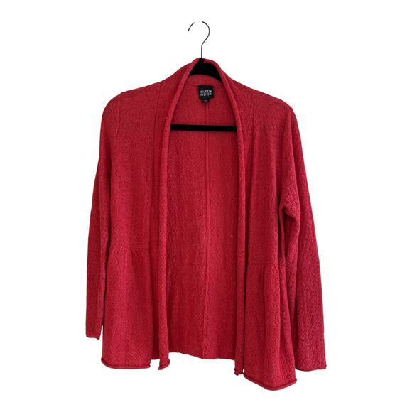 Eileen Fisher Italian Yarn 100% Wool Peplum Open Front Cardigan Sweater Red PS - Picture 1 of 7